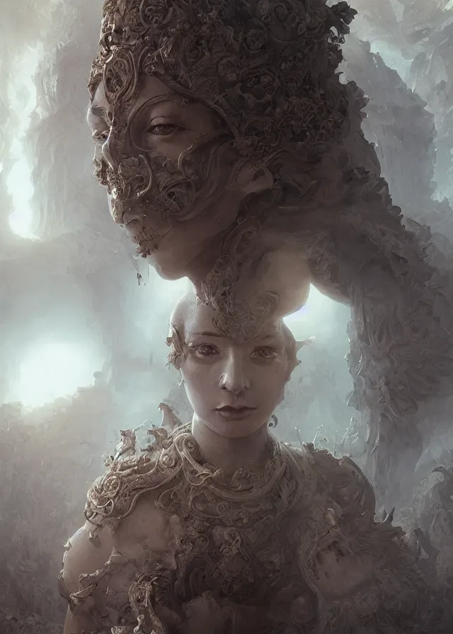 Image similar to woman portrait, face, foreground, volumetric, wearing a carved half mask with mineral incrustations, godness, ethereal, evil, elements, baroque, rococo, ink, tarot card enviromet, cinematics lights, detailed, intricate illustration, octane render, fractal, fine art by marc simonetti & peter mohrbacher