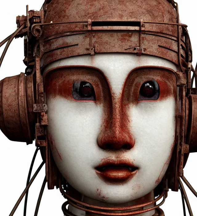 Prompt: portrait of a slightly rusty beautiful japanese robotic geisha with wires and actuators, porcelain white face, dramatic lighting, hyper - realistic, ultra - realistic, intricate details, japanese model, 8 k ultra high definition, octane render
