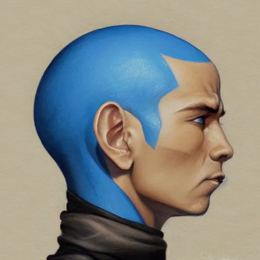 Image similar to Portrait of Aang,blue arrow paint going down his head, by Charlie Bowater