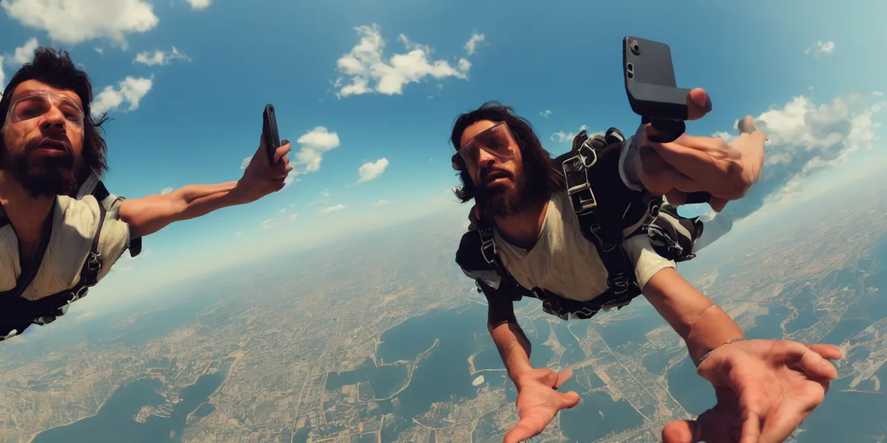 Image similar to Jesus taking a selfie while skydiving, gta artstyle, dramatic, hyperdetailed, artstation, photorealism, accurate, octane render, 8k,