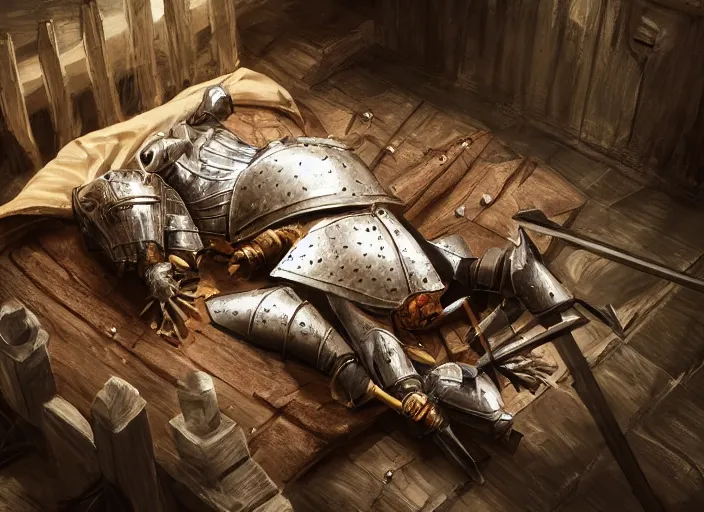 Image similar to a beautiful composition detailed photograph of a dead poisoned armored knight paladin lying in a wooden bed in a cell in a dungeon. strong knight. wooden bed. a rat looking the corpse