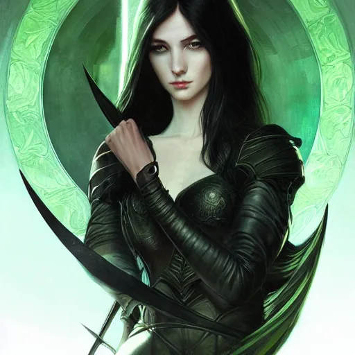 Image similar to Portrait of slim shapely pale young sorceress wearing black leather armor, long black hair, green eyes, intricate, elegant, highly detailed, digital painting, artstation, concept art, smooth, sharp focus, illustration, art by artgerm and greg rutkowski and alphonse mucha and andrei riabovitchev