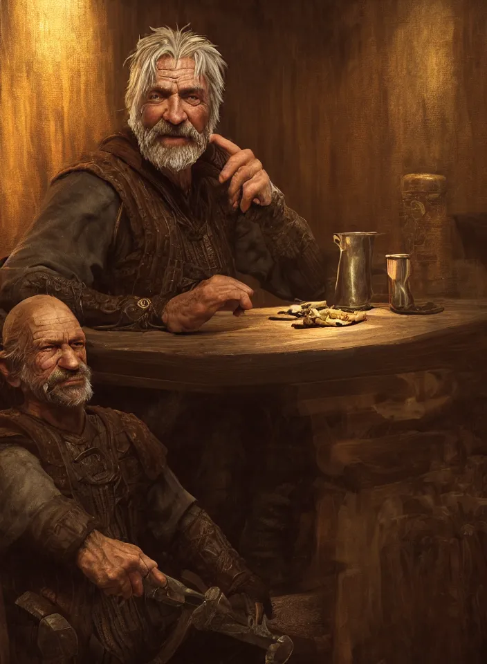 Image similar to a closeup portrait of an older man from skyrim sitting in a tavern, fantasy setting, tavern environment, serene colors, soft lighting, atmospheric, cinematic, moody, in the style of diego koi, gina heyer, luiz escanuela, art by alyssa monk, depth, hyperrealism, rule of thirds, golden ratio, oil on canvas, 8 k