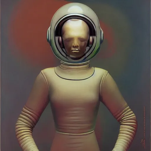 Prompt: portrait of an astronaut girl wearing helmet with tight black latex dress tight suit, Edward Hopper and James Gilleard, Zdzislaw Beksinski, Mark Ryden, Wolfgang Lettl highly detailed