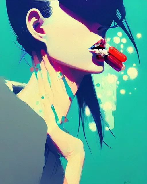 Image similar to a ultradetailed beautiful panting of a stylish woman with pills in her mouth, by conrad roset, greg rutkowski and makoto shinkai, trending on artstation