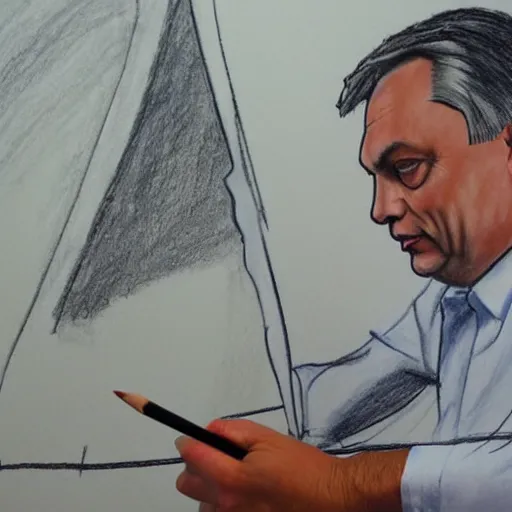 Prompt: viktor orban drawing doodles in a cubicle, oil painting