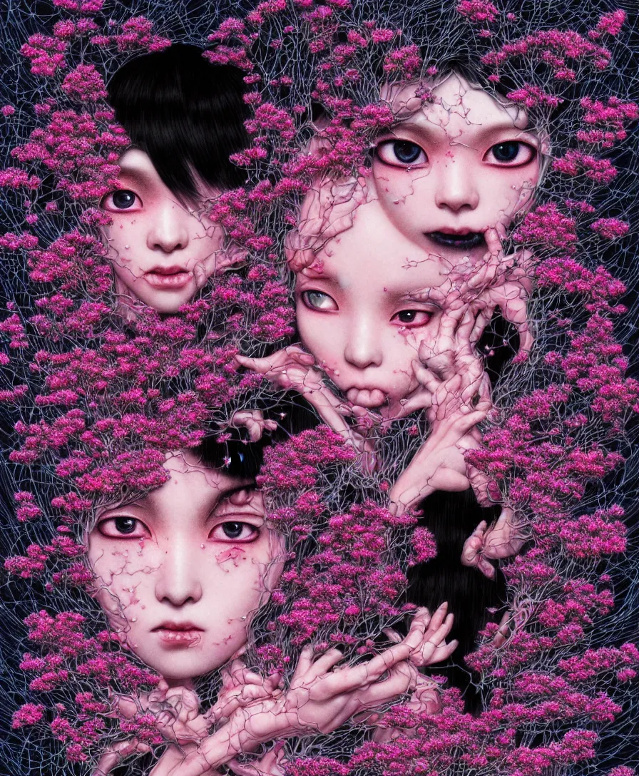 Image similar to hyper detailed 3d render like a Oil painting - kawaii portrait Aurora demon (ancient black haired Fae acrobat) seen Eating of the Strangling network of yellowcake aerochrome and milky Fruit and Her delicate Hands hold of gossamer polyp blossoms bring iridescent fungal flowers whose spores black the foolish stars drawn by Takato Yamamoto and Katsuhiro Otomo, full body character drawing, inspired by Evangeleon, clean ink detailed line drawing, intricate detail, extremely detailed, 8k