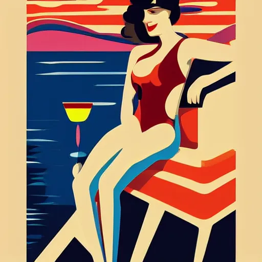 Prompt: retro poster with a painting of a woman in a bathing suit sitting on a boat, an art deco painting by tom whalen, trending on behance, art deco, digital illustration, storybook illustration, art deco, flat shading, vector art, airbrush