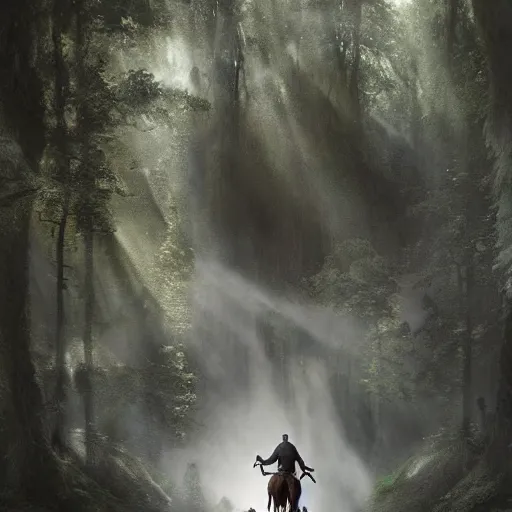 Image similar to a man riding on the back of a white horse through a forest, a detailed matte painting by frieke janssens, featured on cgsociety, fantasy art, matte painting, reimagined by industrial light and magic, matte drawing