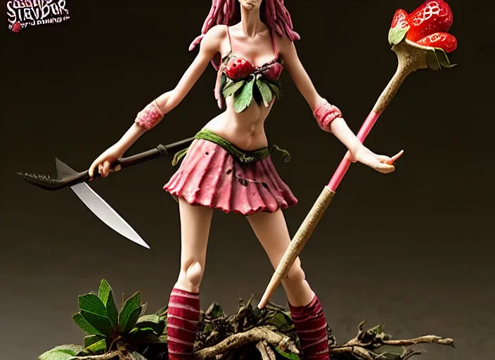 Image similar to a dramatic femo figurine of a cute funny spear wielding strawberry fairy survivalist with bandages wearing a dirty floral torn dress featured on left 4 dead by studio ghibly and gamesworkshop, carrying survival gear, wearing strawberry backpack, using a modelling knife as a spear, dark foreboding atmosphere, 🎀 🗡 🍓 🧚