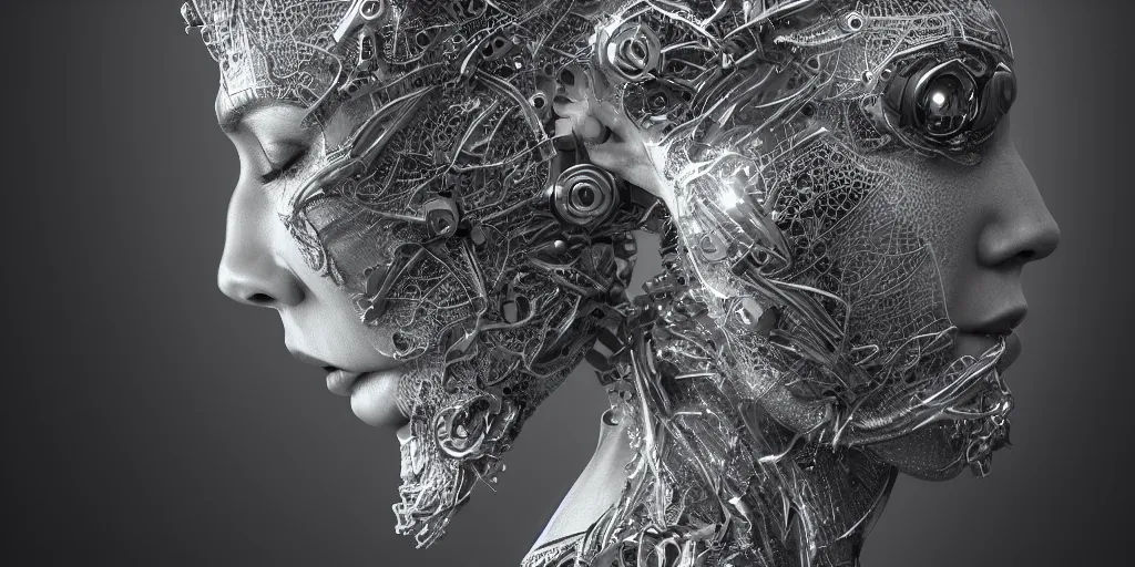 Prompt: hyper realistic photography of a beautiful cyborg female, intimately holding close, chrome finish intricate filigree, in the style of beth cavener, jin kagetsu, wlop, highly detailed, symmetry, masterpiece, concept art, ringflash, highkey lighting, ambient lighting, octane render, 8 k, artstation
