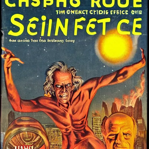 Prompt: Christopher Lloyd as Satan in retro science fiction cover by Kelly Freas (1960)