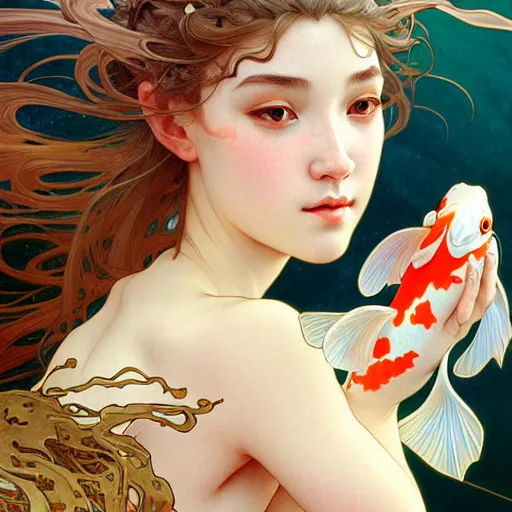 Image similar to Portrait of a girl surrounded by Koi fish, face, fantasy, intricate, elegant, highly detailed, digital painting, artstation, concept art, smooth, sharp focus, illustration, art by Yuhong Ding and Artem Demura and alphonse mucha