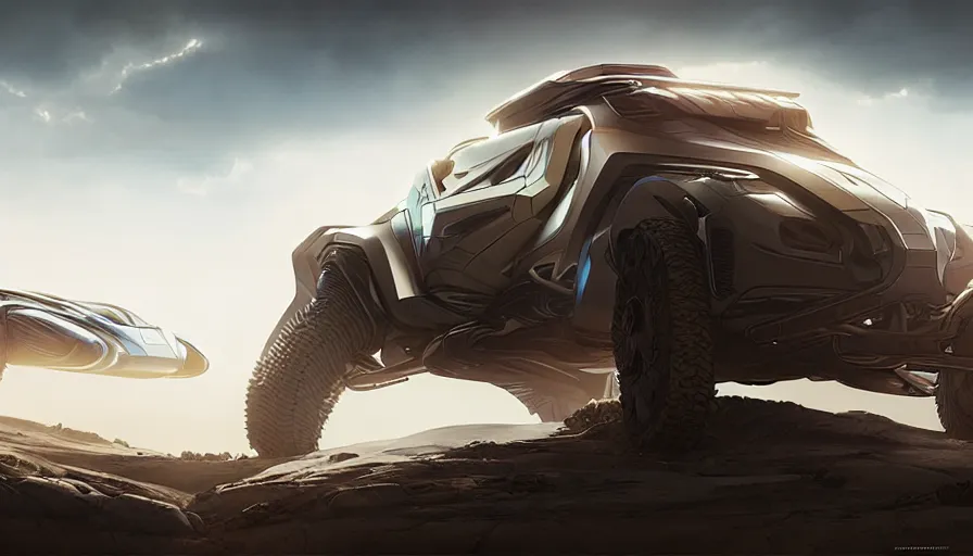 Image similar to a futuristic offroad suv by artgerm and greg rutkowski and alphonse mucha, zaha hadid, volumetric light, detailed, octane render, horizon forbidden west