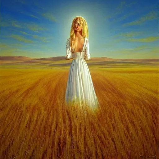 Image similar to close-up shot, a beautiful painting of a girl in a airy semi-transparent thin light dress standing in the glowing wheat fields, mystical setting, afternoon sun, long shadows, photo from the back, by Mark Ryden, artgerm, Bekzinski, WLOP, Felix Kelly and Ross Tran, trending on artstation