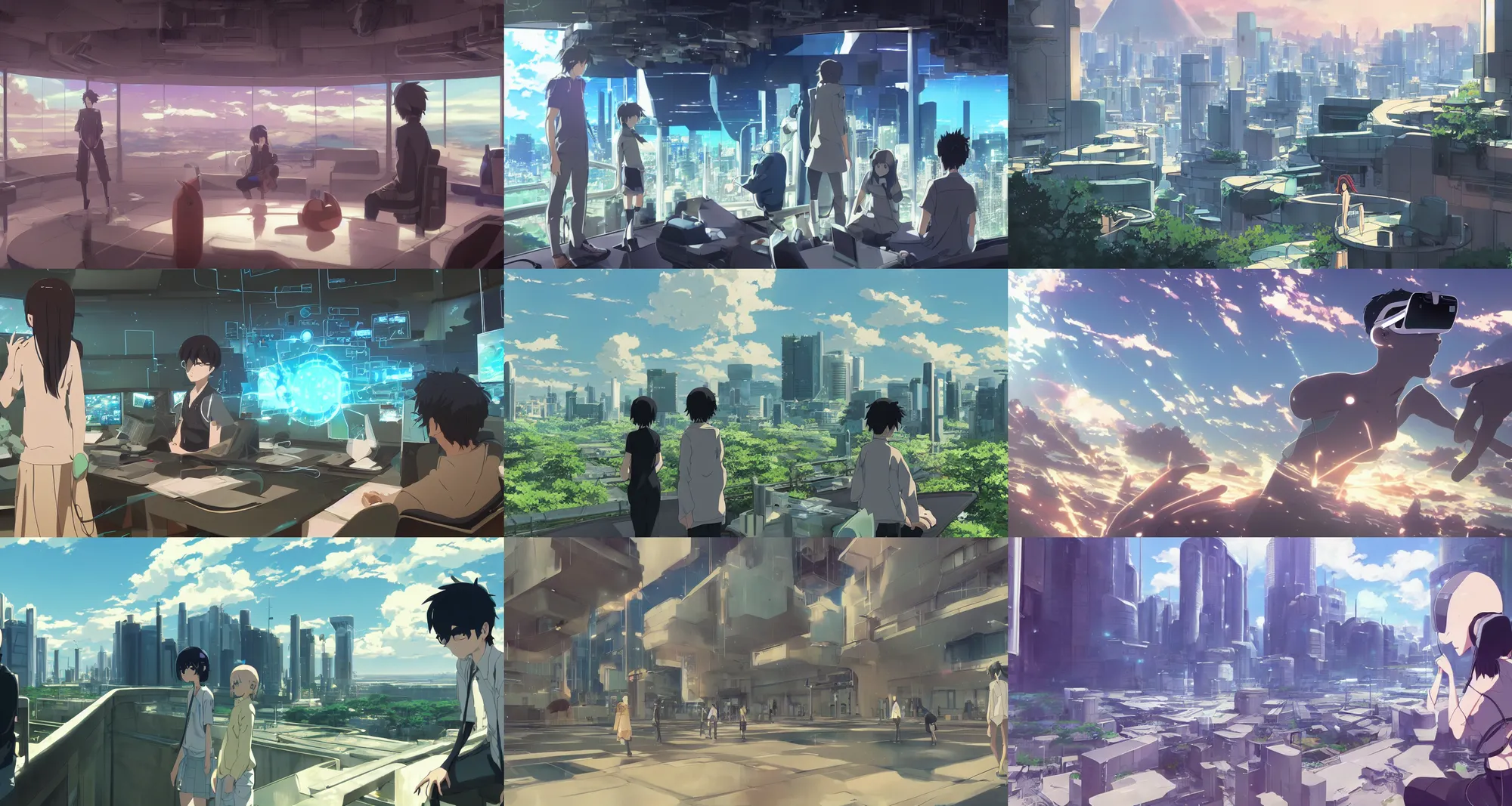 Prompt: futuristic VR chat world, high technology, science fiction, from the anime film by makoto shinkai