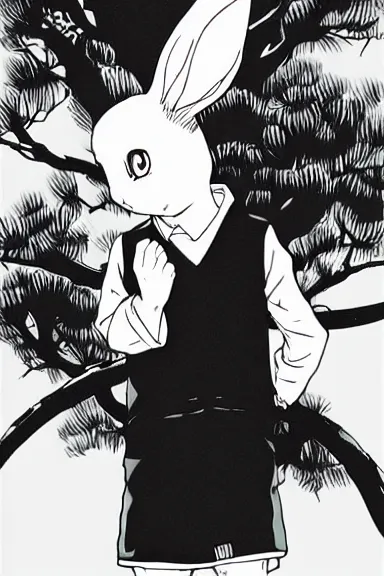 Image similar to attractive little boy wearing an bunny suit, black and white artwork in manga style, made by makoto shinkai