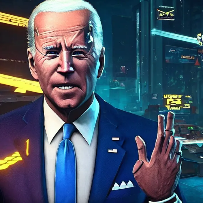 Prompt: Joe Biden in Cyberpunk 2077, Gameplay Screenshot, detailed