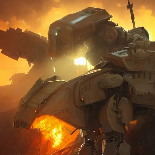 Image similar to portrait of timberwolf battlemech on fire, battle damage, sunset glow around head, full body portrait, intricate, elegant, highly detailed, digital painting, artstation, concept art, smooth, sharp focus, illustration, art by artgerm and greg rutkowski and alphonse mucha, background is a city in ruins