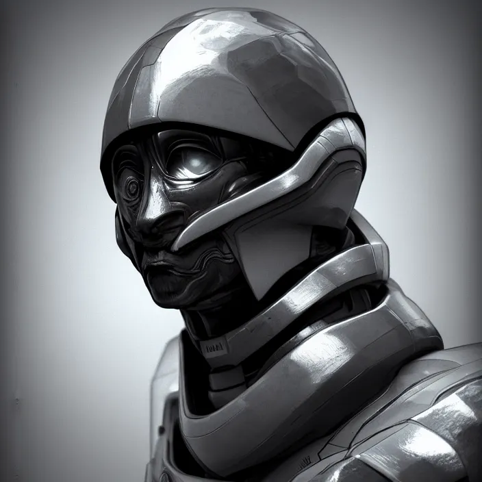 Image similar to a portrait of a character in an spaceship by nihei tsutomu, front facing the camera, black and white, modern clean white armor, highly detailed, 3 d render, vray, octane, realistic lighting