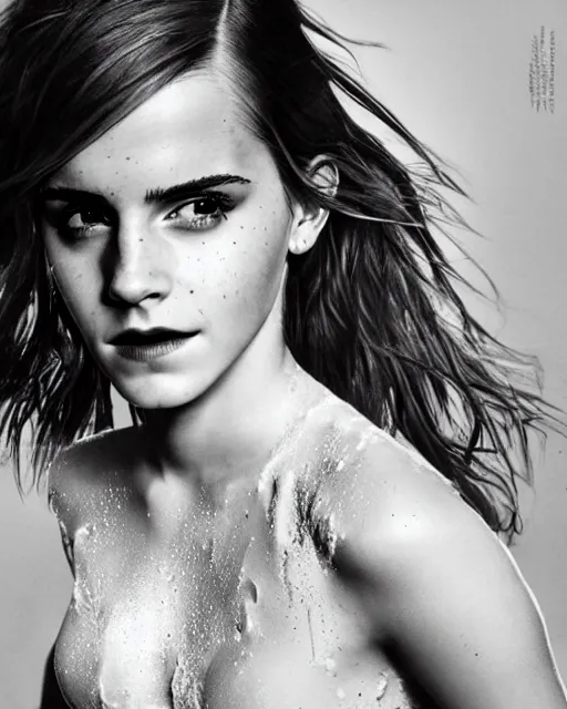 Prompt: emma watson wearing a risque outfit made from splashes of milk, half body portrait, greg kutkowski, sharp details, soft lighting, subsurface scattering, pearls of sweat, glistening skin, warm lighting
