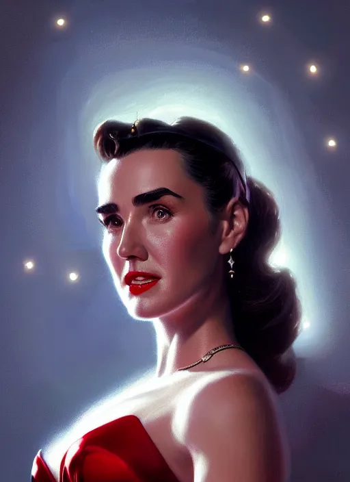 Image similar to portrait of 1 9 5 0 s darna, jennifer connelly, intricate, elegant, glowing lights, highly detailed, digital painting, artstation, glamor pose, concept art, smooth, sharp focus, illustration, art by wlop, mars ravelo and greg rutkowski