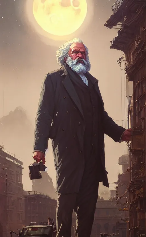 Image similar to highly detailed portrait of karl marx in gta v, stephen bliss, unreal engine, fantasy art by greg rutkowski, loish, rhads, ferdinand knab, makoto shinkai and lois van baarle, ilya kuvshinov, rossdraws, tom bagshaw, global illumination, radiant light, detailed and intricate environment, space, moon, blue