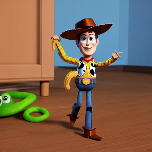 Prompt: ocatne render of Woody from toy story with a snake in his boot