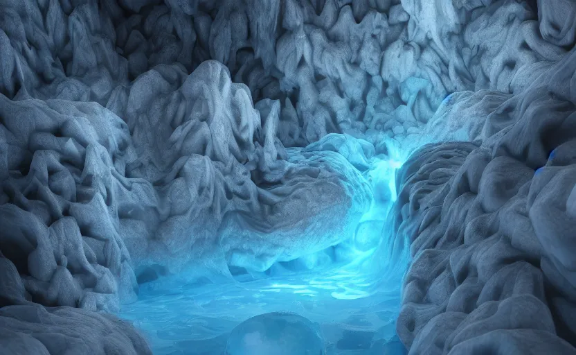 Image similar to liquid nitrogen mixed with blue water-cooling coolant flowing through latent representations of ice caverns, trending on artstation, cycles render, subsurface scattering, 4k