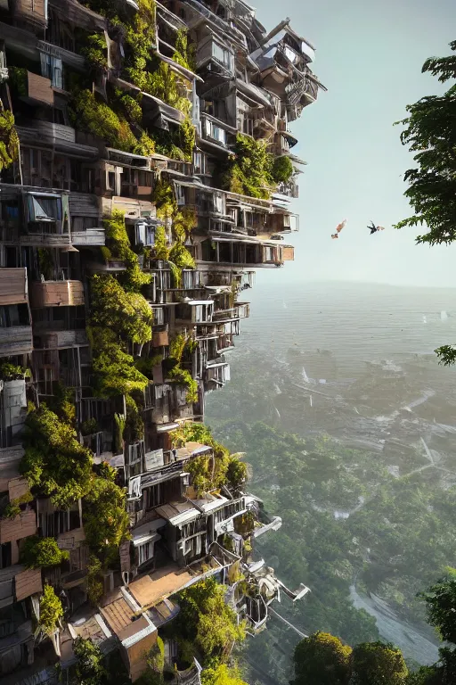 Prompt: an awesome sunny day environment concept art on a cliff, nature meets architecture by kengo kuma, ian hubert and wes anderson with village, residential area, mixed development, highrise made up staircases, balconies, full of glass facades, cgsociety, fantastic realism,, artstation hq