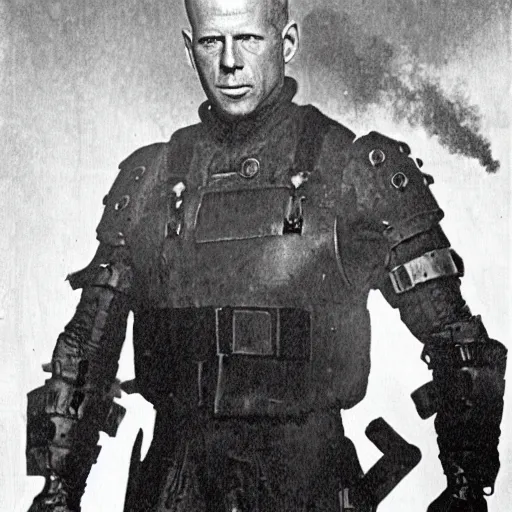 Prompt: old black and white photo, 1 9 1 3, depicting bruce willis in combat armor with guns, historical record, volumetric fog