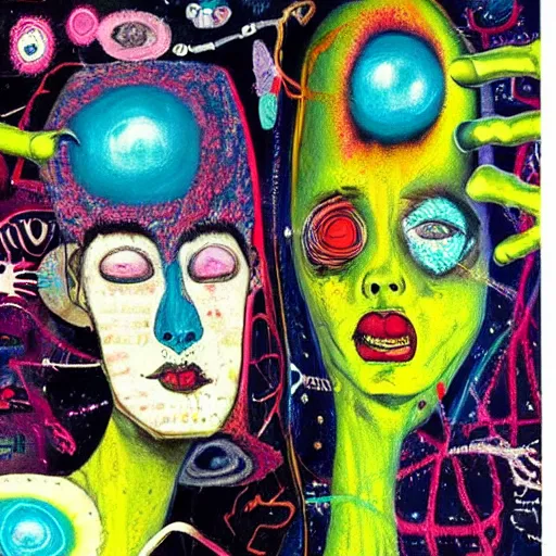 Image similar to beautiful painting of two bizarre psychedelic women kissing each other closeup on an alien planet, speculative evolution, mixed media collage by basquiat and junji ito, magazine collage art, paper collage art, sapphic art, lesbian art