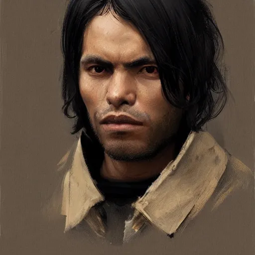Prompt: portrait of a peruvian man by greg rutkowski, he is about 3 0 years old, short black hair with bangs, very tall and slender, he is wearing a beige and black utility jumpsuit, highly detailed portrait, digital painting, artstation, concept art, smooth, sharp focus ilustration, artstation hq