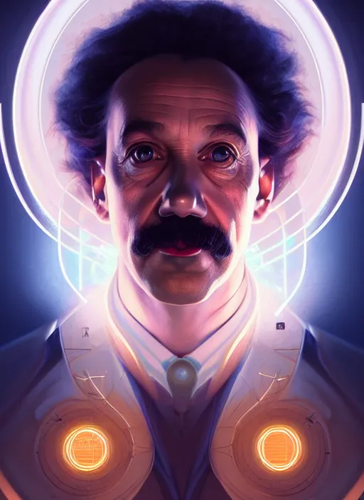 Image similar to symmetry!! portrait of einstein male, chemisty, sci - fi, glowing lights!! intricate, elegant, highly detailed, digital painting, artstation, concept art, smooth, sharp focus, illustration, art by artgerm and greg rutkowski and alphonse mucha, 8 k