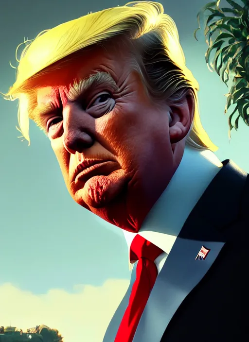 Image similar to Highly detailed portrait of President Trump, in GTA V, Stephen Bliss, unreal engine, fantasy art by Greg Rutkowski, Loish, Rhads, ferdinand knab, Makoto Shinkai and Lois van baarle, ilya kuvshinov, rossdraws, Tom Bagshaw, alphonse mucha, global illumination, radiant light, detailed and intricate environment