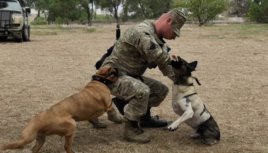 Image similar to a soldier sends a dog to attack a cyborg