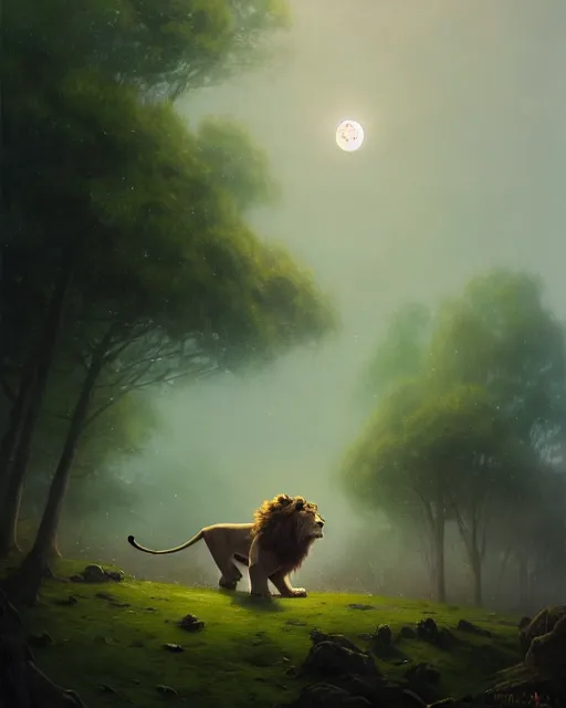 Image similar to a portrait of beautiful anthropomorphic lion fursona, d & d, fantasy, mist, full moon in background, trees, hyper detailed,, midium shot, an oil painting by ruan jia, trending on artstation, concept art, sharp focus, illustration, gaston bussiere, craig mullins, j. c. leyendecker, beautiful lighting