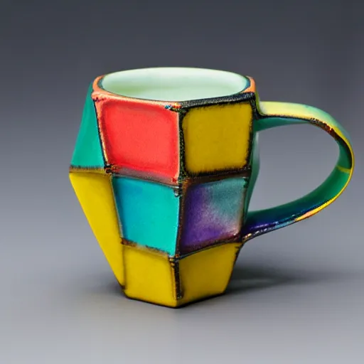 Image similar to brightly colored dodecahedron ceramic mug with iridescent glaze