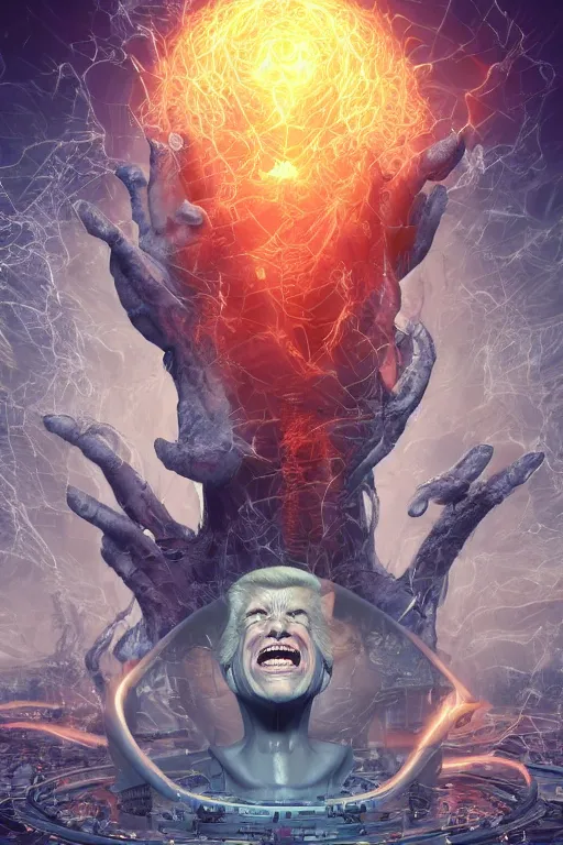 Prompt: donald trump's disgusting true form, 3d, high details, intricate details, by vincent di fate, artgerm julie bell beeple, 90s, Smooth gradients, octane render, 8k, volumetric lightning, High contrast, duo tone, depth of field, very coherent symmetrical artwork