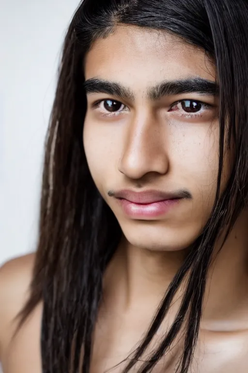 Image similar to close up headshot of an androgynous Hispanic teen male with medium length slightly wavy black hair a wide smile brown eyes a small nose tidy plucked eyebrows dark brown eyes and a diamond shaped face, high resolution film still, 8k, HDR color, gazing dark brown eyes, high cheek bones