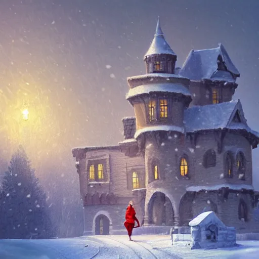 Prompt: woman running Evil castle in the snow, inspired by Evgeny Lushpin,George, greg rutkowski winter,nighttime,cinematic,art station