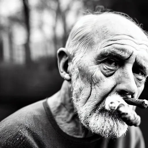 Prompt: close-up of a sad tired old man smoking a pipe, XF IQ4, 150MP, 50mm, f/1.4, ISO 200, 1/160s, natural light, Adobe Photoshop, Adobe Lightroom, DxO Photolab, Corel PaintShop Pro, rule of thirds, symmetrical balance, depth layering, polarizing filter, Sense of Depth, AI enhanced