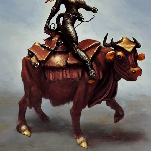 Image similar to A monkey riding an armored cow, by Heather Theurer