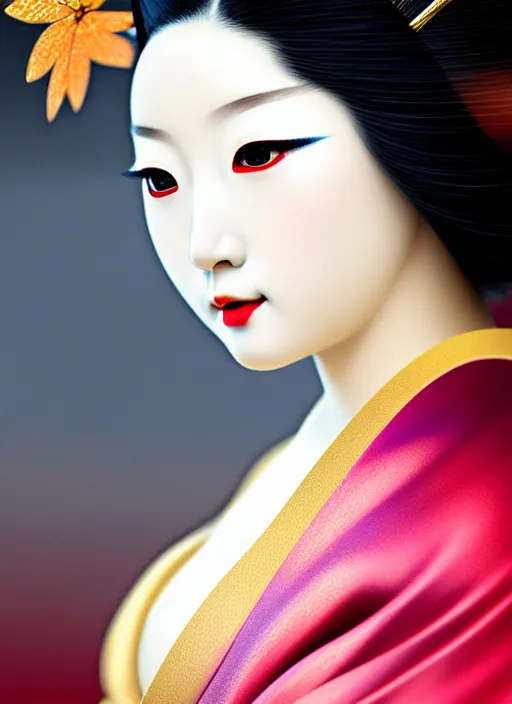 Prompt: sexy glamorous Geisha closeup portrait, beautiful pale makeup, pearlescent skin, elegant pose, very detailed, highly detailed kimono, photorealism, sharp focus, soft diffuse autumn lights, some sunlight ray, zen temple background, painted by Leonardo da vinci and moebius
