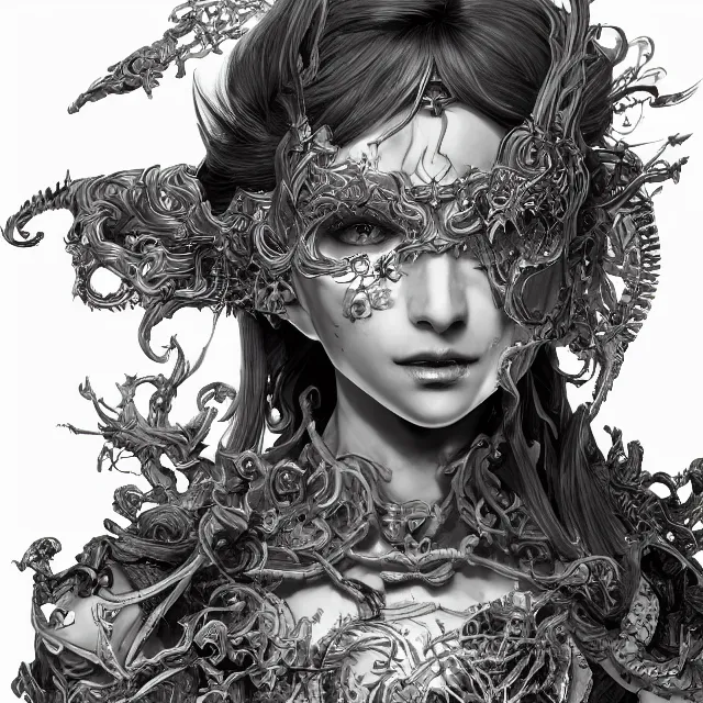 Image similar to the portrait of chaotic evil female necromancer as absurdly beautiful, gorgeous, elegant, sophisticated young gravure idol, an ultrafine hyperdetailed illustration by kim jung gi, irakli nadar, intricate linework, bright colors, octopath traveler, final fantasy, unreal engine 5 highly rendered, global illumination, radiant light, detailed and intricate environment