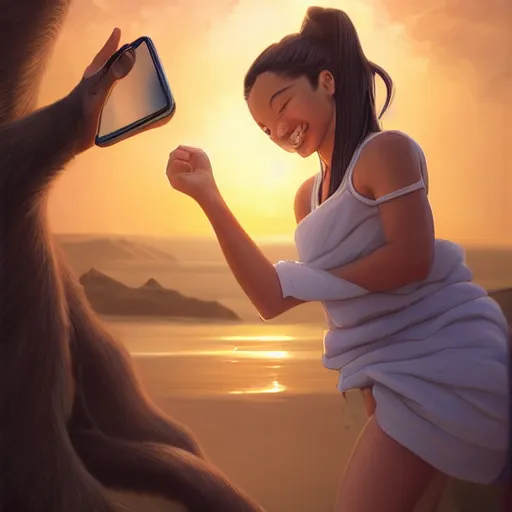 Image similar to beautiful serene intricate portrait of katara and toph taking a selfie, smiling softly, relaxing on the beach, golden hour, soft focus, 8 k, art by irakli nadar, hyperrealism, hyperdetailed, ultra realistic