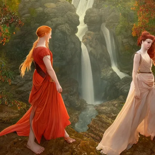 Image similar to a highly detailed byzantine painting of scarlett johansson and emma watson as red haired queens walking through a waterfall in a gossamer thin orange dress, epic fantasy, stormy night, viewed in profile from far away, ultrawide lens, art by artgerm and greg rutkowski and alphonse mucha, volumetric lighting, 4 k resolution, trending on artstation, masterpiece