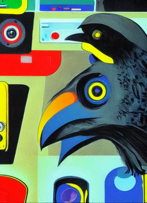 Prompt: a raven digging through 8 0 s era technology, vintage shapes, retro technology, happy color, wayne barlow, oil on canvas, deep depth of field, masterpiece, cinematic composition, hyperdetailed