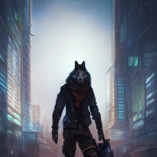 Image similar to A Wolf Scoundrel, Cyberpunk, digital art, award winning, artstation, masterpiece, very detailed, oil painting