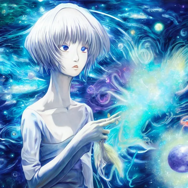 Image similar to rei ayanami, deep space, seascape, grimes, lain iwakura, silver hair, johfra bosschart, usagi, cut anime maid, cosmos, psychedelic flowers, black opal, rainbow aura quartz, organic, oni compound artwork, of character, render, artstation, portrait, wizard, beeple, art, fantasy, epcot, psychedelic glitchcore